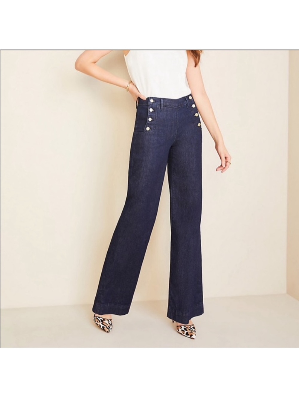 Ann Taylor High Rise Wide Leg Sailor Button Jeans